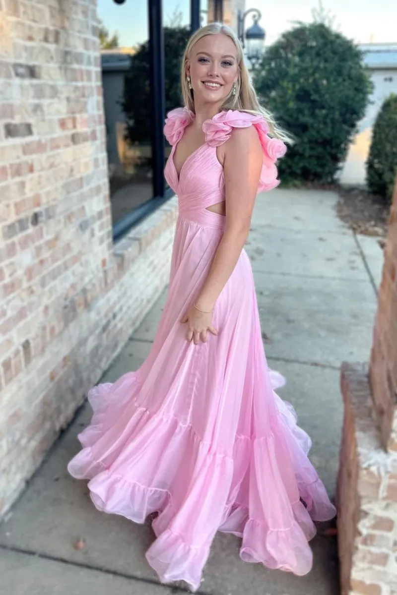 Lace-Up V-Neck Ruffle Pleated Long Prom Dresses