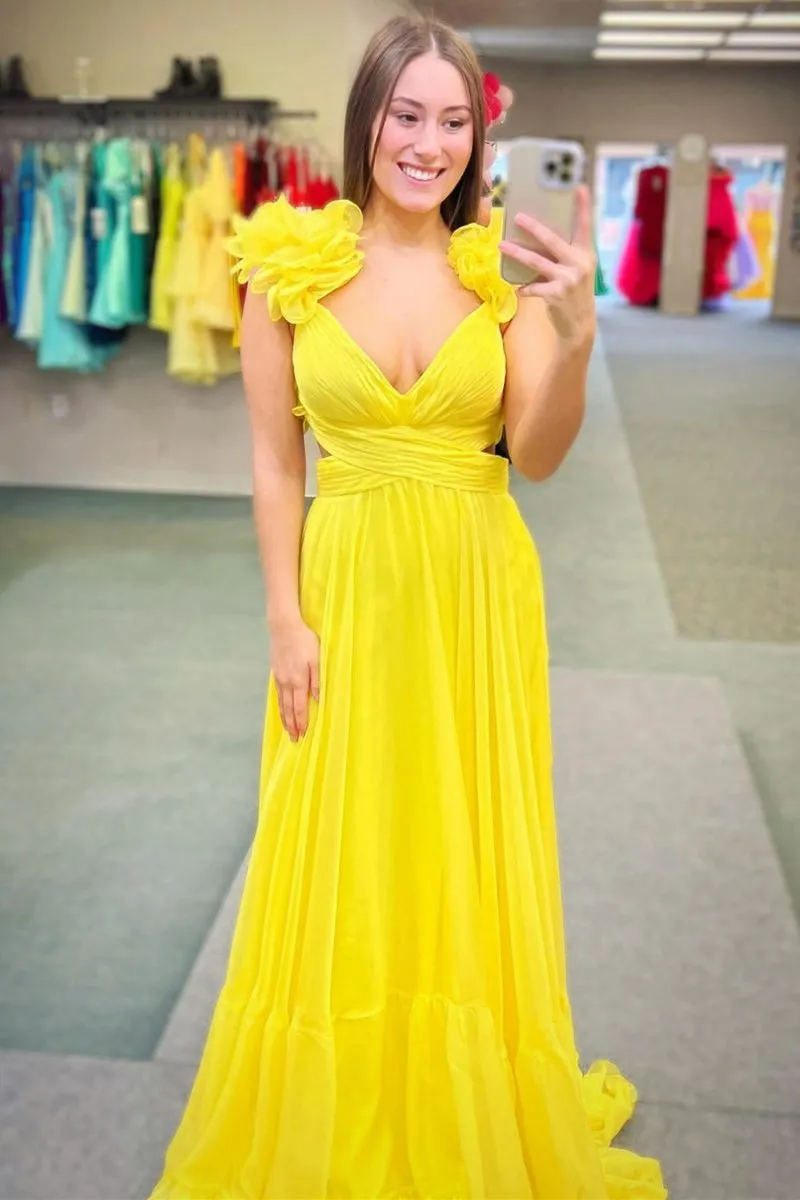Lace-Up V-Neck Ruffle Pleated Long Prom Dresses