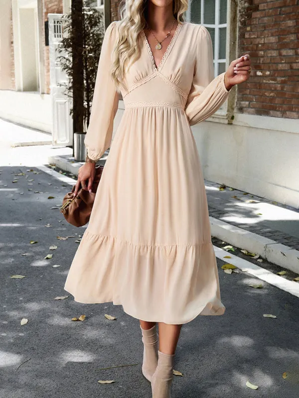 Lace V-neck Midi Dress with Tiered Skirt