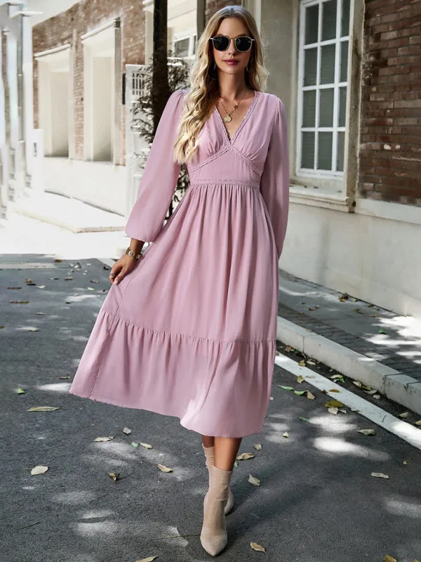Lace V-neck Midi Dress with Tiered Skirt