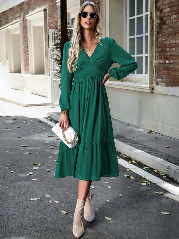Lace V-neck Midi Dress with Tiered Skirt