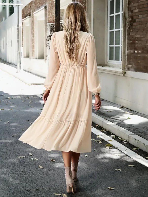 Lace V-neck Midi Dress with Tiered Skirt