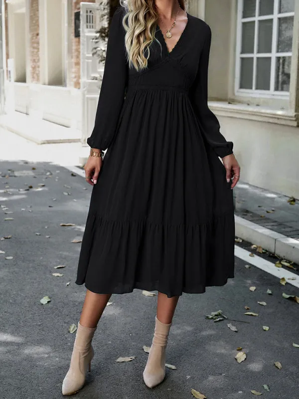 Lace V-neck Midi Dress with Tiered Skirt