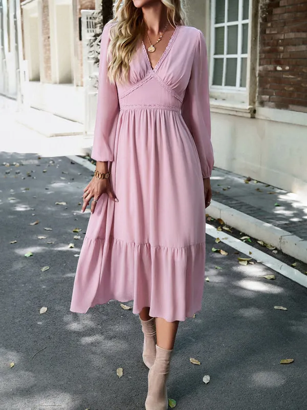 Lace V-neck Midi Dress with Tiered Skirt