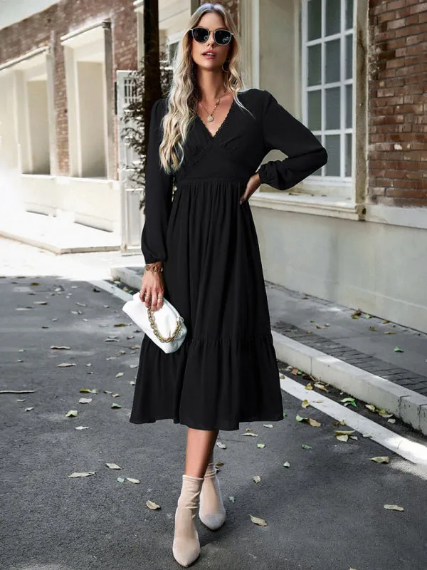 Lace V-neck Midi Dress with Tiered Skirt