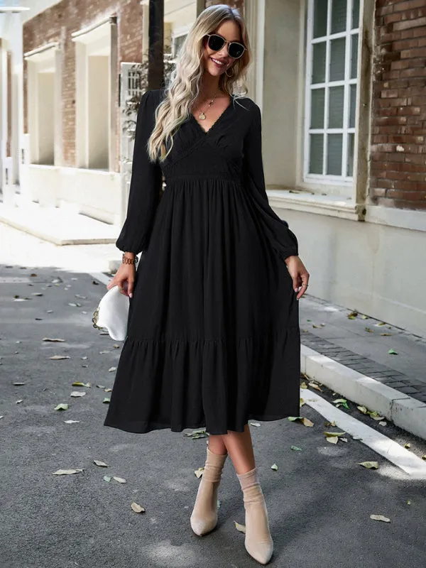 Lace V-neck Midi Dress with Tiered Skirt