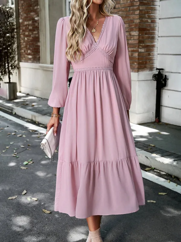 Lace V-neck Midi Dress with Tiered Skirt