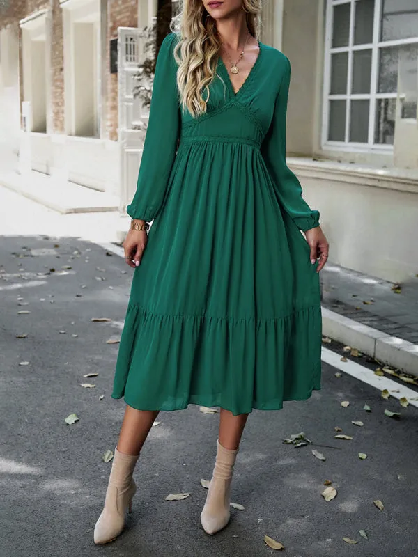 Lace V-neck Midi Dress with Tiered Skirt