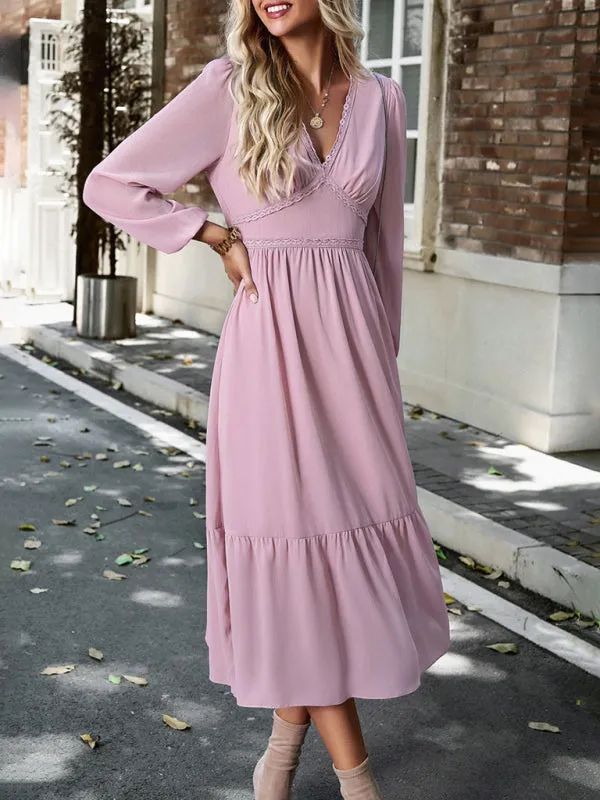 Lace V-neck Midi Dress with Tiered Skirt