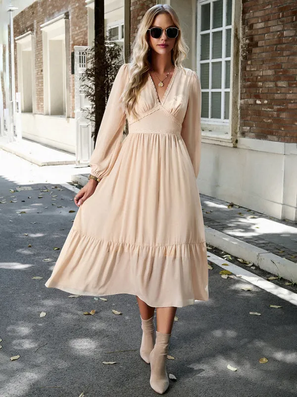 Lace V-neck Midi Dress with Tiered Skirt