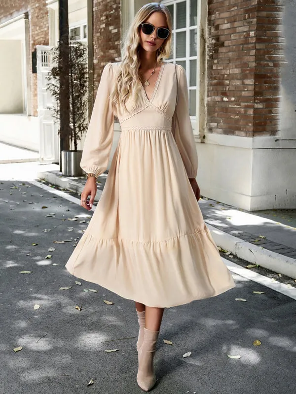 Lace V-neck Midi Dress with Tiered Skirt