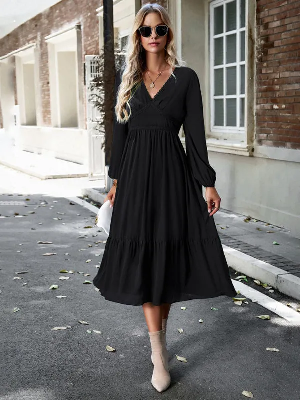 Lace V-neck Midi Dress with Tiered Skirt
