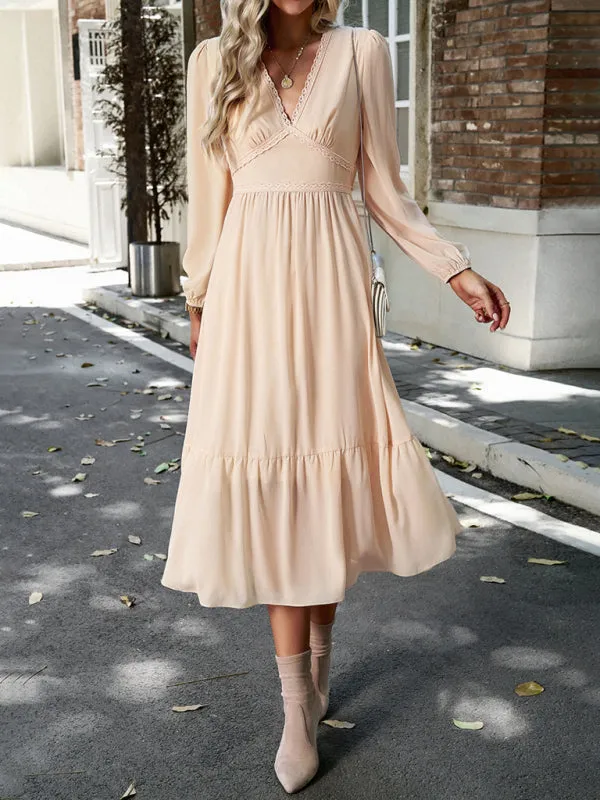 Lace V-neck Midi Dress with Tiered Skirt