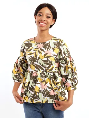 Ladies 3/4 Sleeve Poplin Peplum Bubble Sleeve Blouse - Fatigue