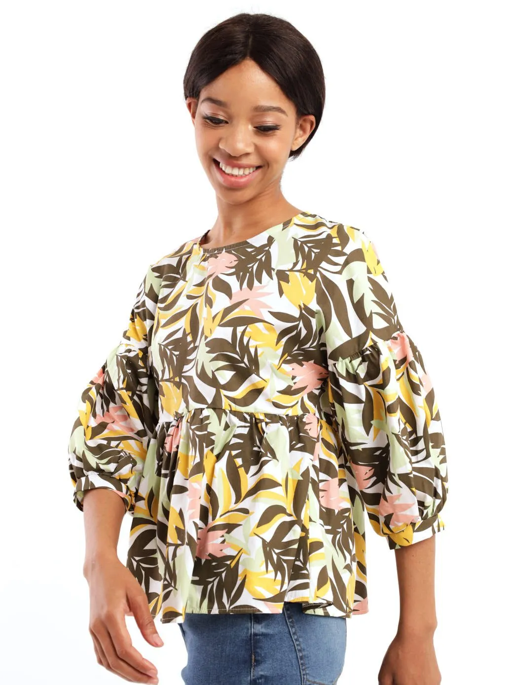 Ladies 3/4 Sleeve Poplin Peplum Bubble Sleeve Blouse - Fatigue