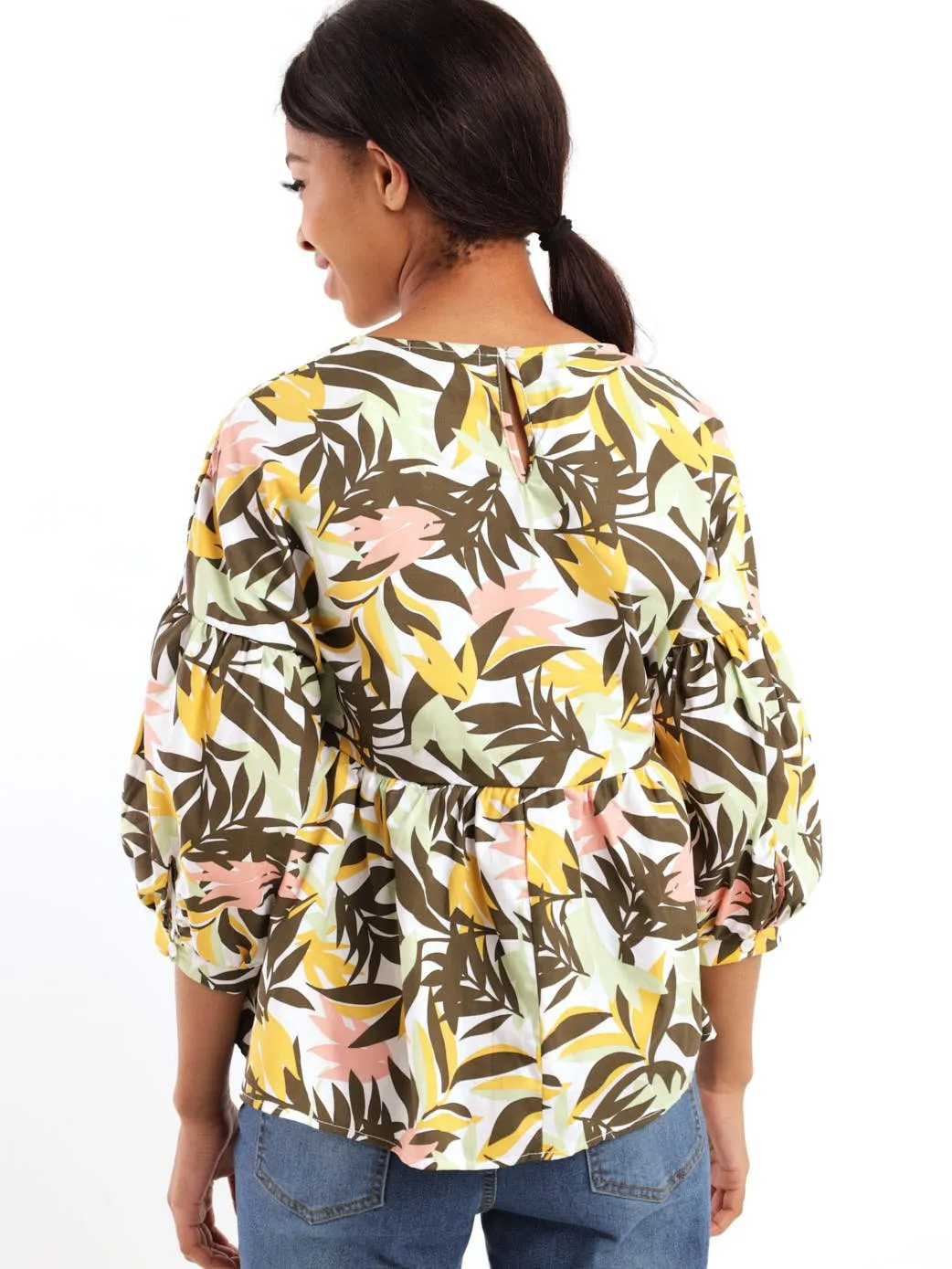 Ladies 3/4 Sleeve Poplin Peplum Bubble Sleeve Blouse - Fatigue