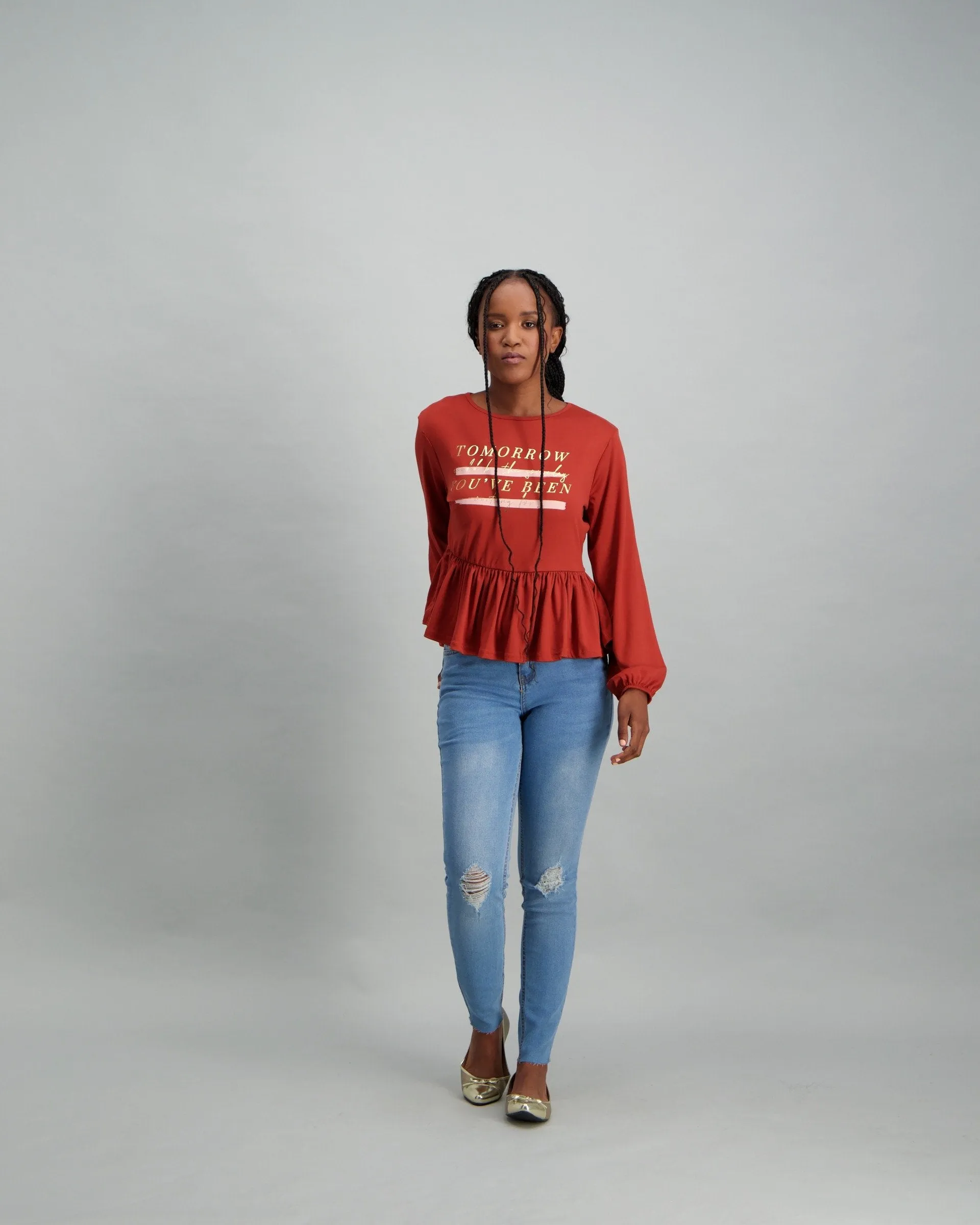 Ladies Blouson Sleeve Peplum T-Shirt - Rust