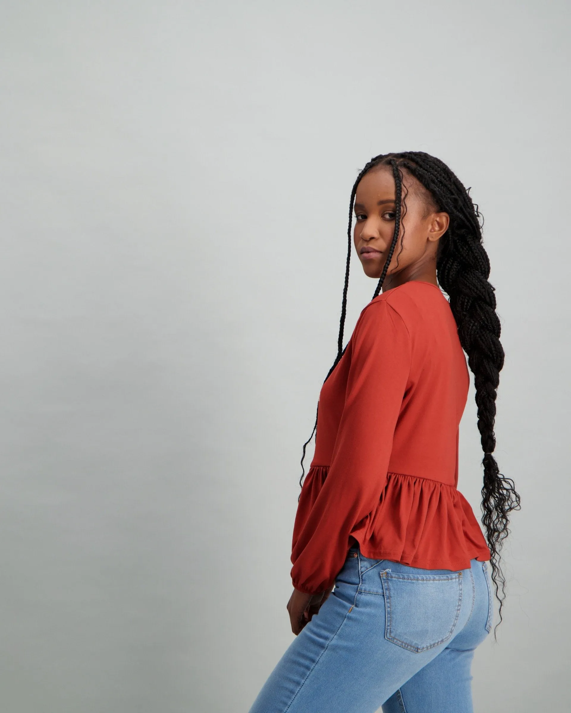 Ladies Blouson Sleeve Peplum T-Shirt - Rust