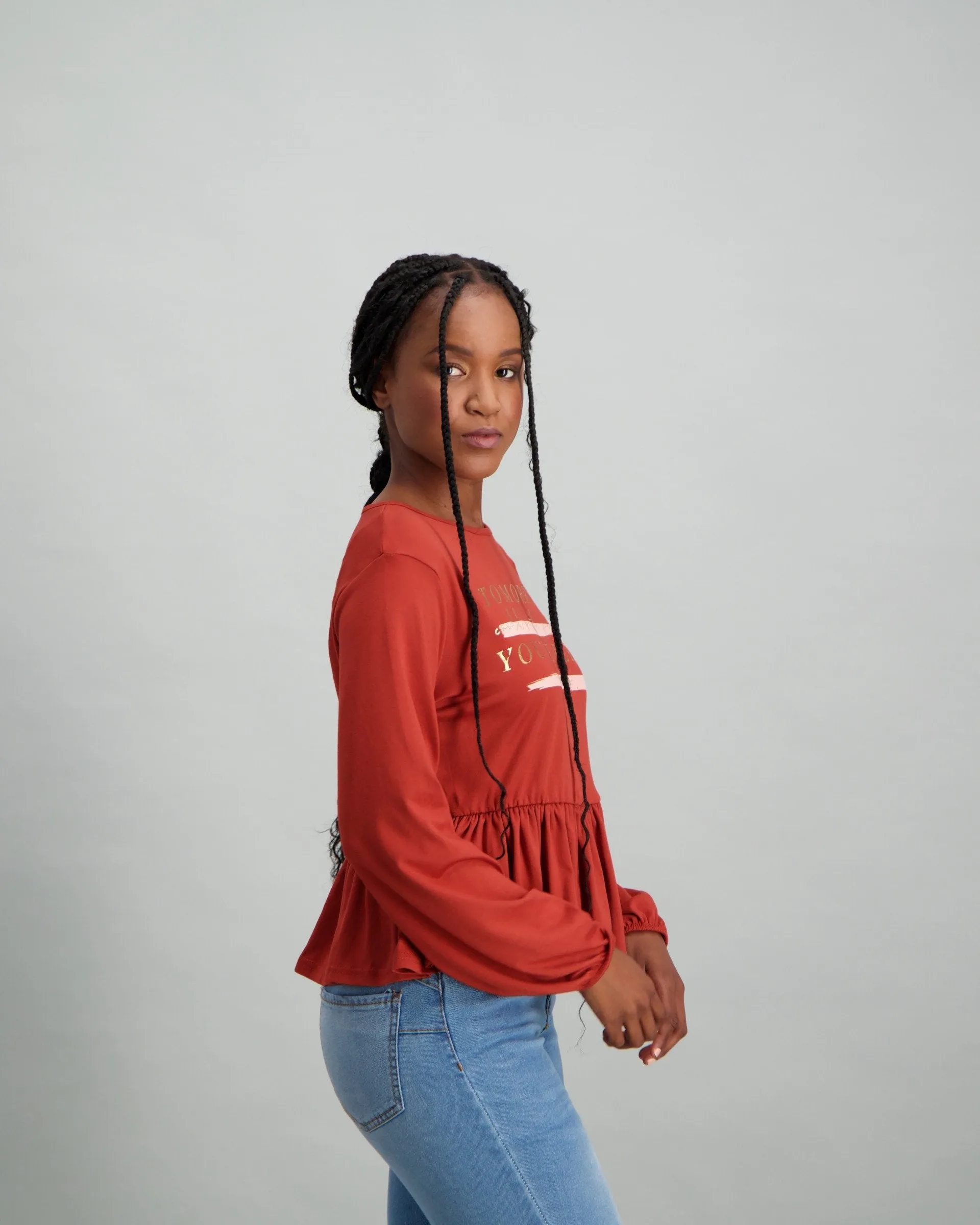 Ladies Blouson Sleeve Peplum T-Shirt - Rust