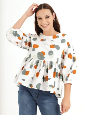 Ladies Cotton Peplum Bubble Sleeve Printed Top