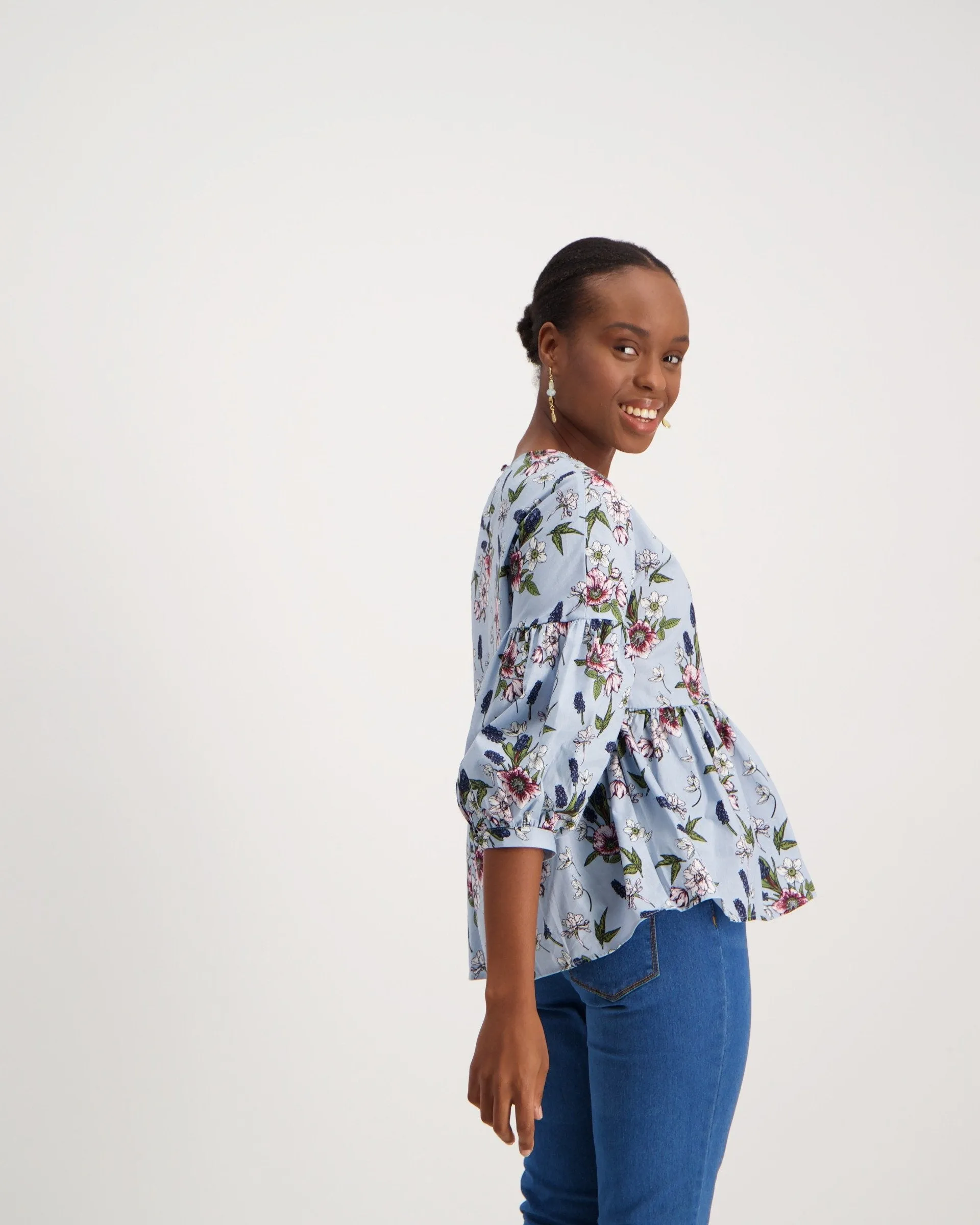 Ladies Cotton Peplum Bubble Sleeve Top - Sage