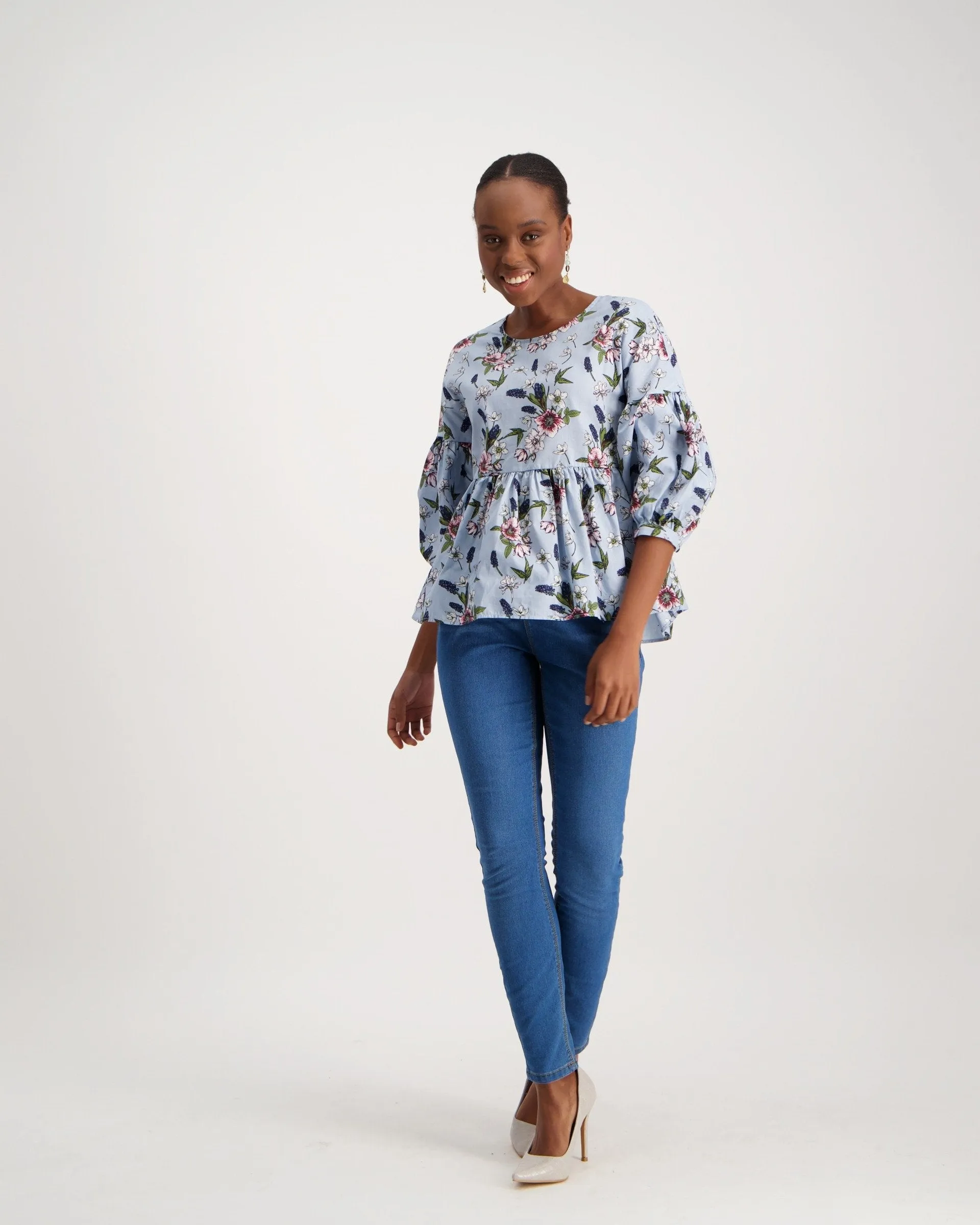Ladies Cotton Peplum Bubble Sleeve Top - Sage