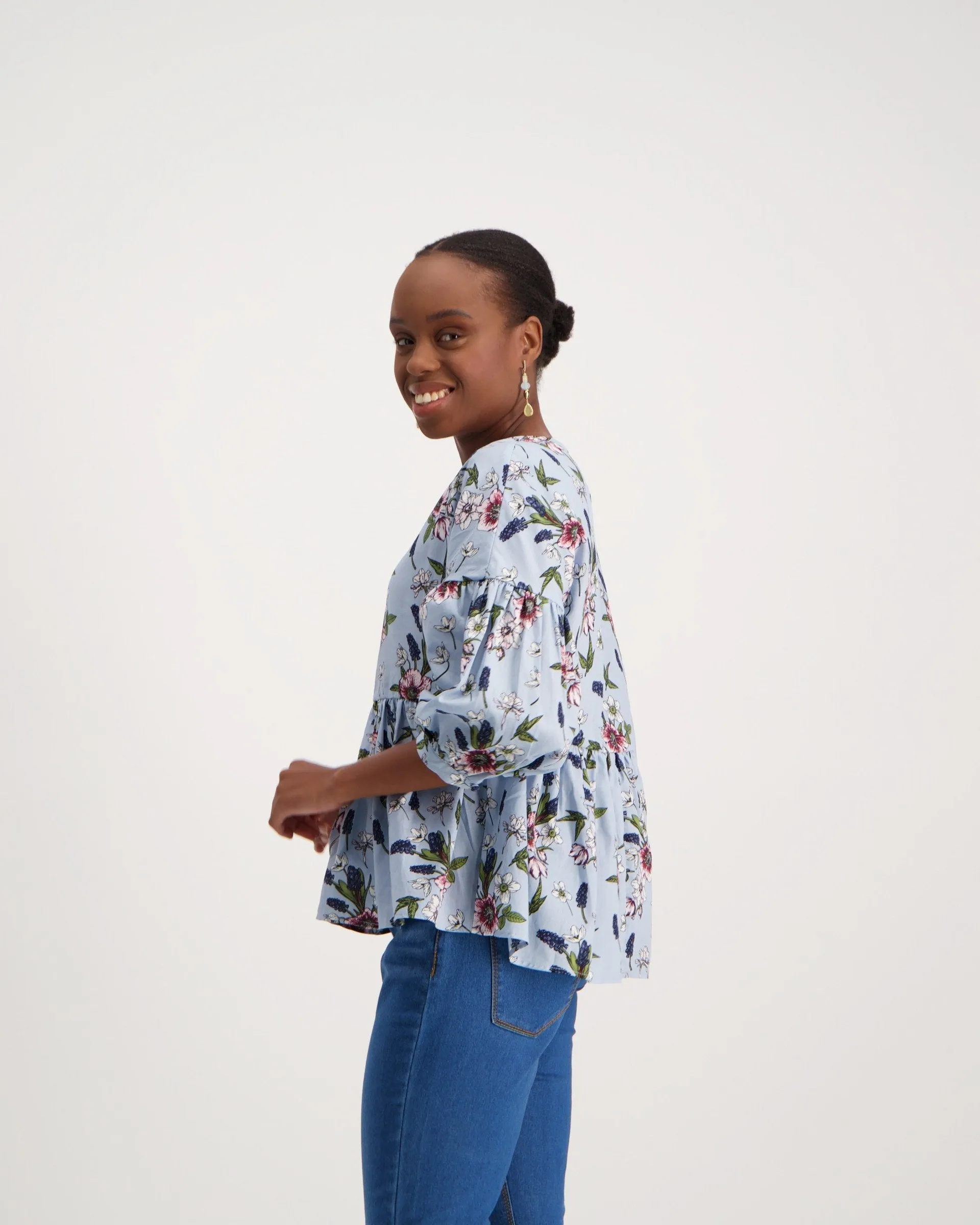 Ladies Cotton Peplum Bubble Sleeve Top - Sage