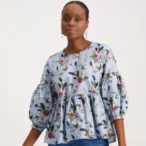 Ladies Cotton Peplum Bubble Sleeve Top - Sage