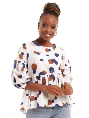 Ladies Cotton Peplum Bubble Sleeve Top - White