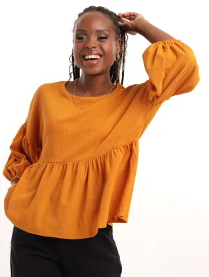 Ladies Crinkle Puff Sleeve Peplum Top - Mustard