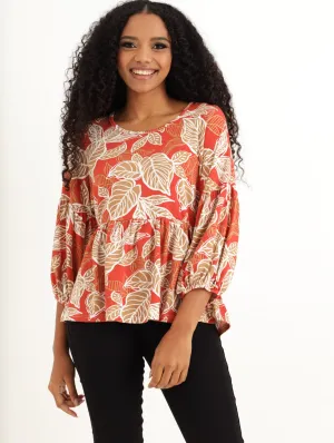 Ladies Floral Puff Sleeve Peplum Top