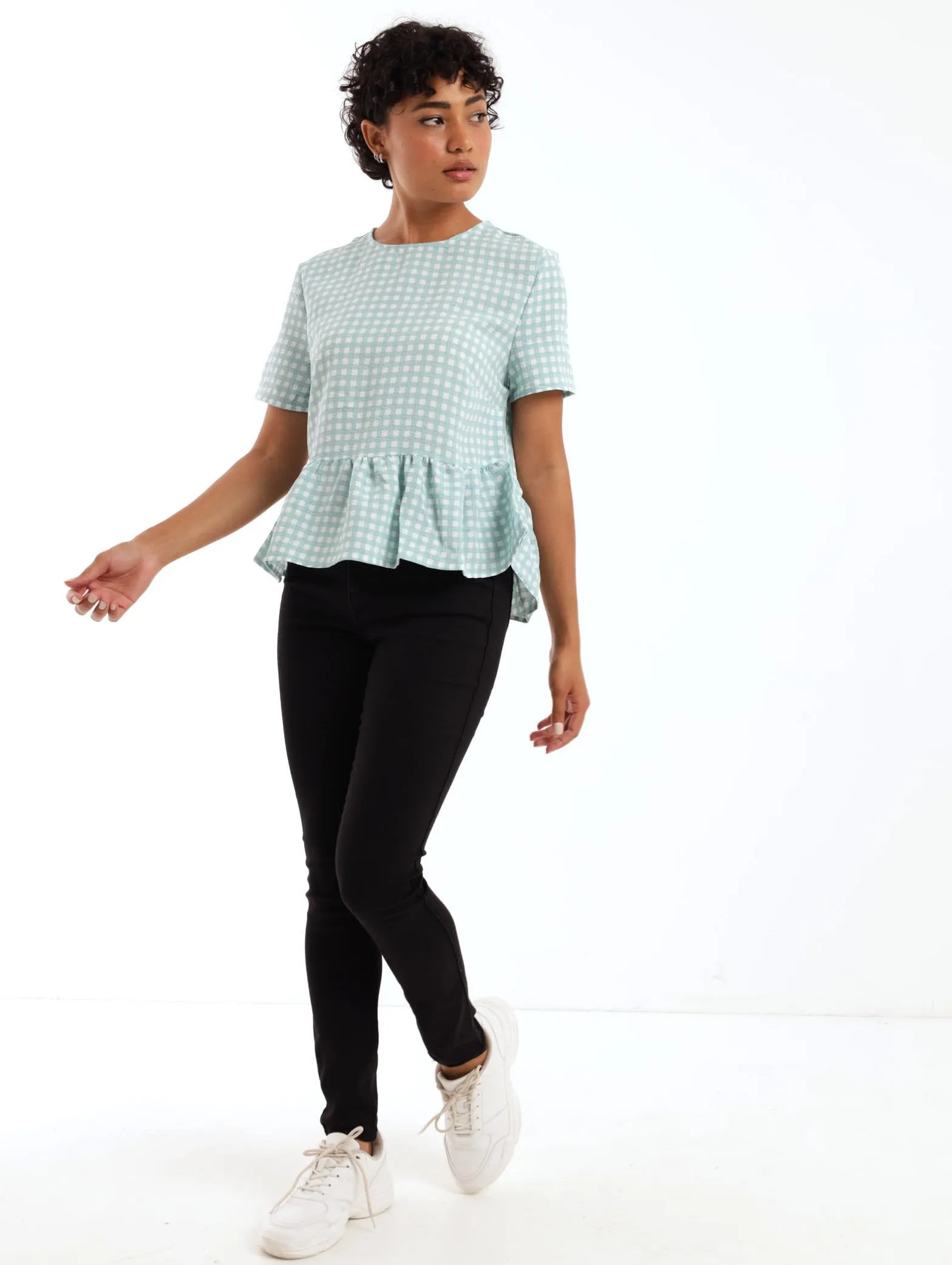 Ladies Gingham Peplum Blouse - Blue