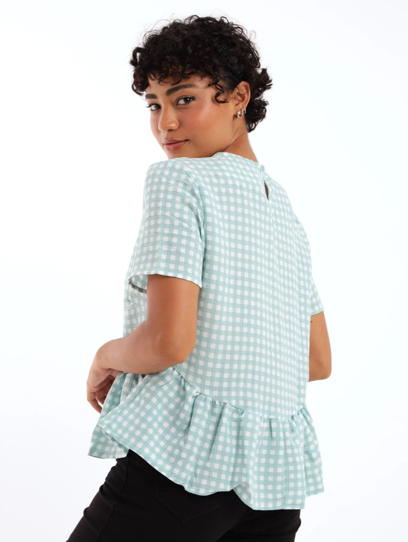 Ladies Gingham Peplum Blouse - Blue