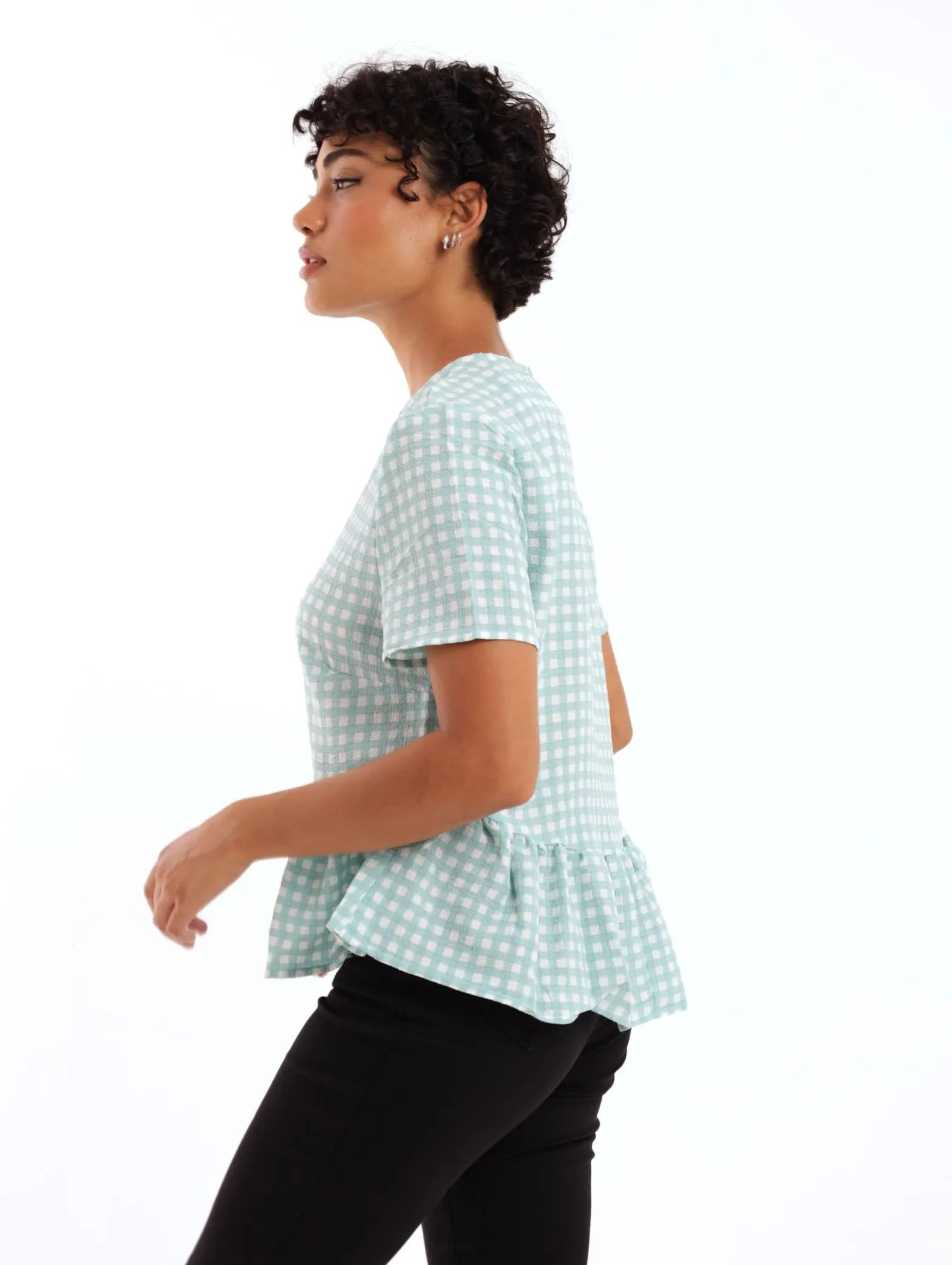 Ladies Gingham Peplum Blouse - Blue