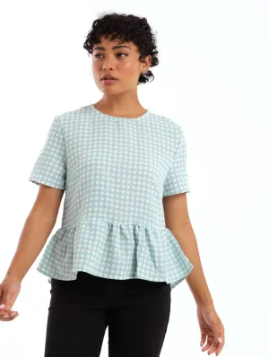 Ladies Gingham Peplum Blouse - Blue