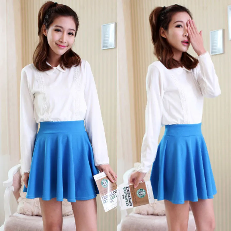 Ladies High Elastic Skirt Waist Cotton Pleated Mini Skirt Short Skirt OL Slim