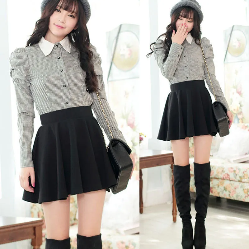 Ladies High Elastic Skirt Waist Cotton Pleated Mini Skirt Short Skirt OL Slim