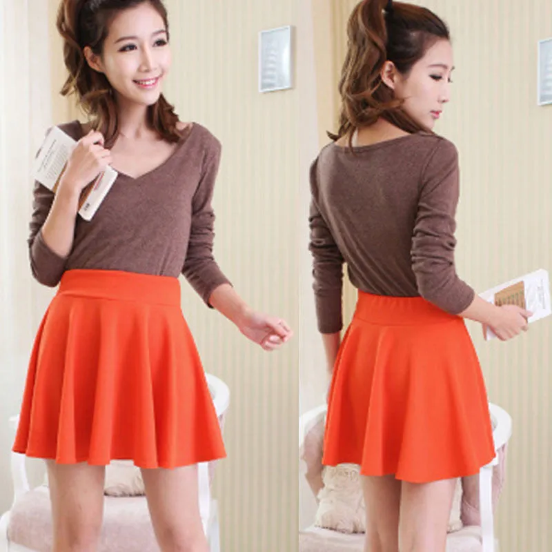 Ladies High Elastic Skirt Waist Cotton Pleated Mini Skirt Short Skirt OL Slim