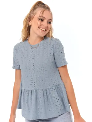 Ladies Knit Broiderie Peplum Tee - Blue