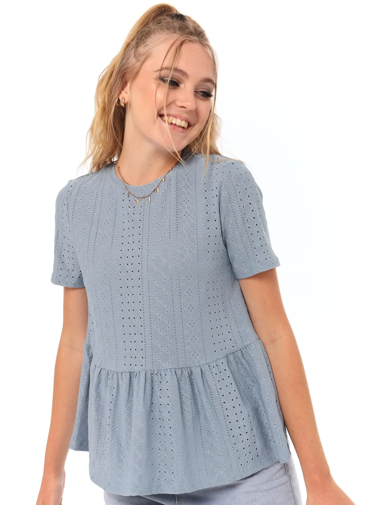 Ladies Knit Broiderie Peplum Tee - Blue