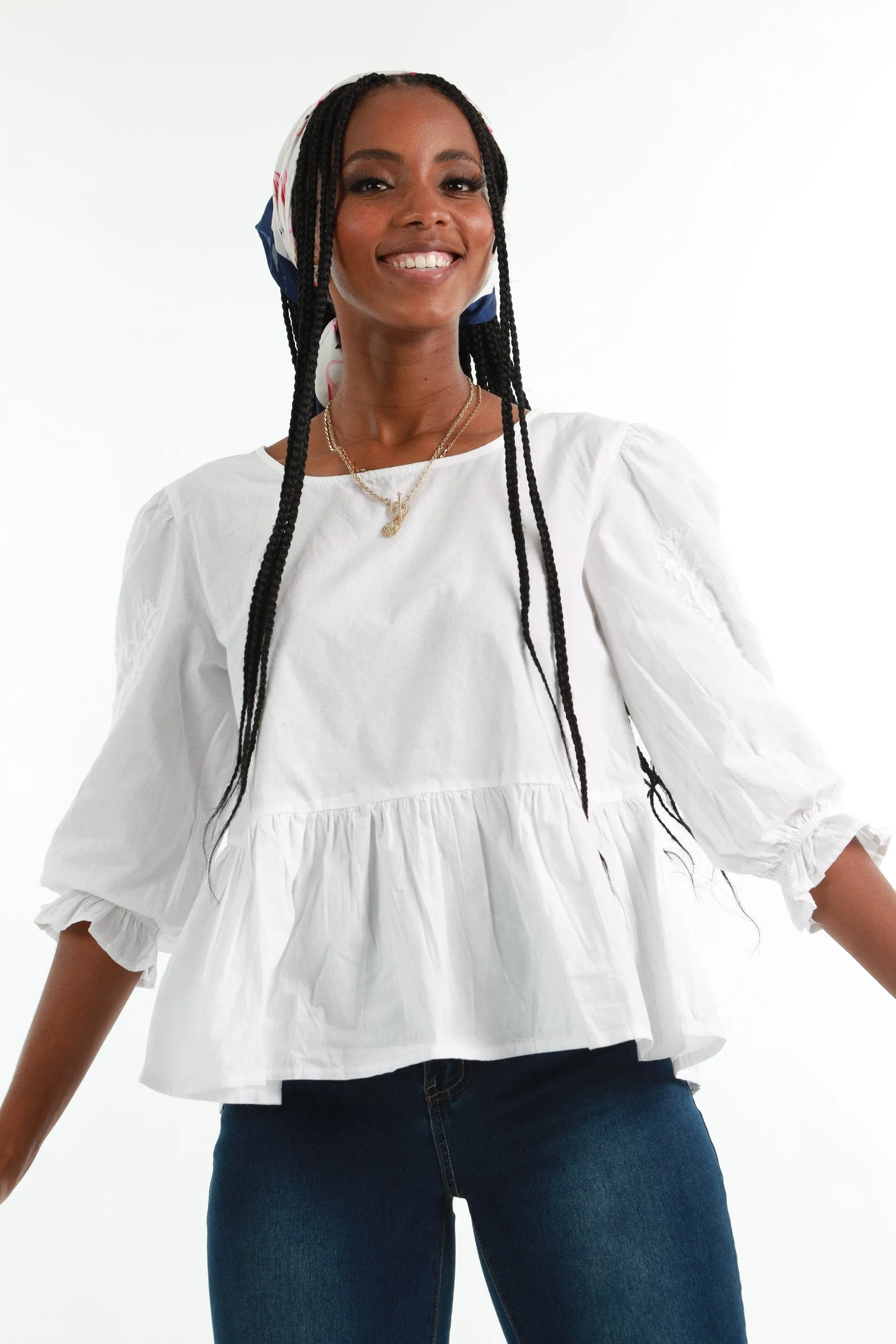 Ladies Lace Applique Peplum Blouse - White