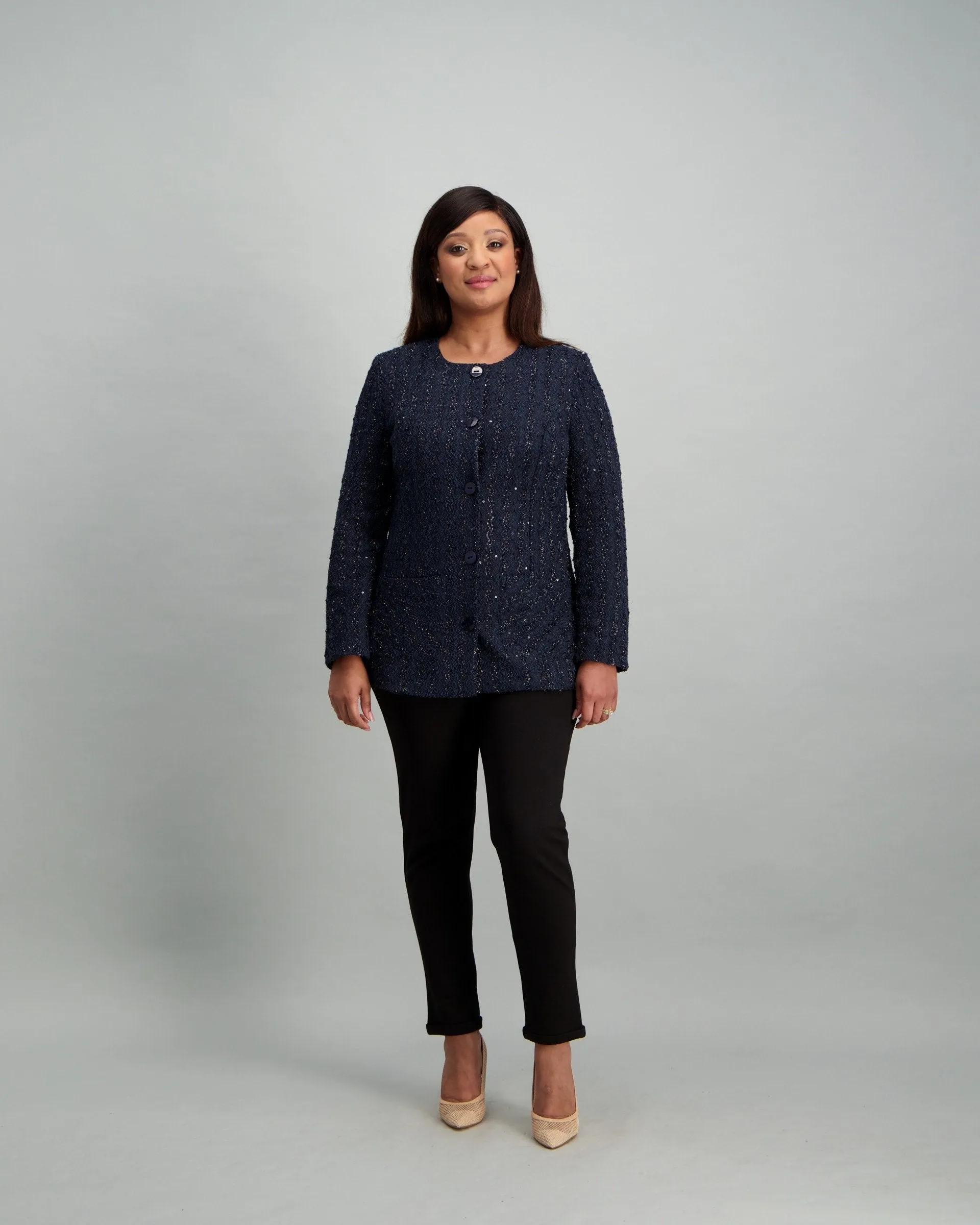 Ladies Long Square Pocket Jacket - Navy