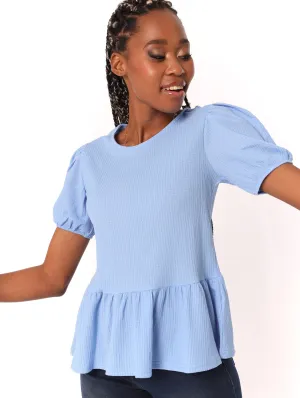 Ladies Peplum Puff Sleeve Crinkle Top - Blue