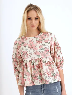 Ladies Printed Cotton Peplum Bubble Sleeve Top - White/Blush