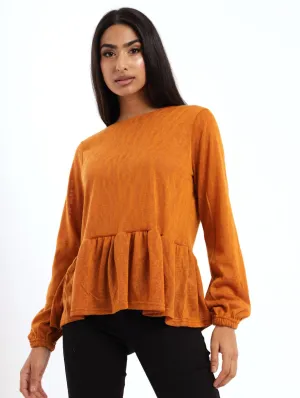 Ladies Puff Sleeve Crinkle Peplum Blouse - Mustard