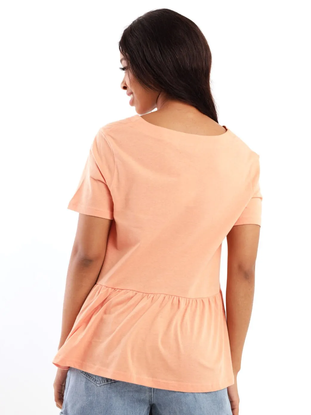Ladies Short Sleeve Button Front Peplum Top - Coral