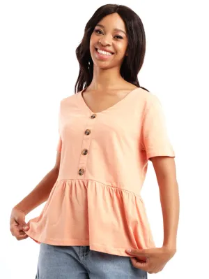 Ladies Short Sleeve Button Front Peplum Top - Coral