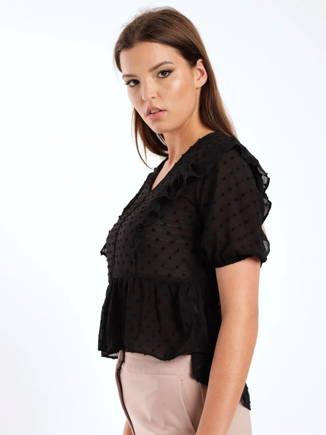 Ladies Short Sleeve Peplum Blouse - Black