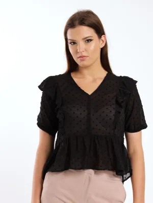 Ladies Short Sleeve Peplum Blouse - Black