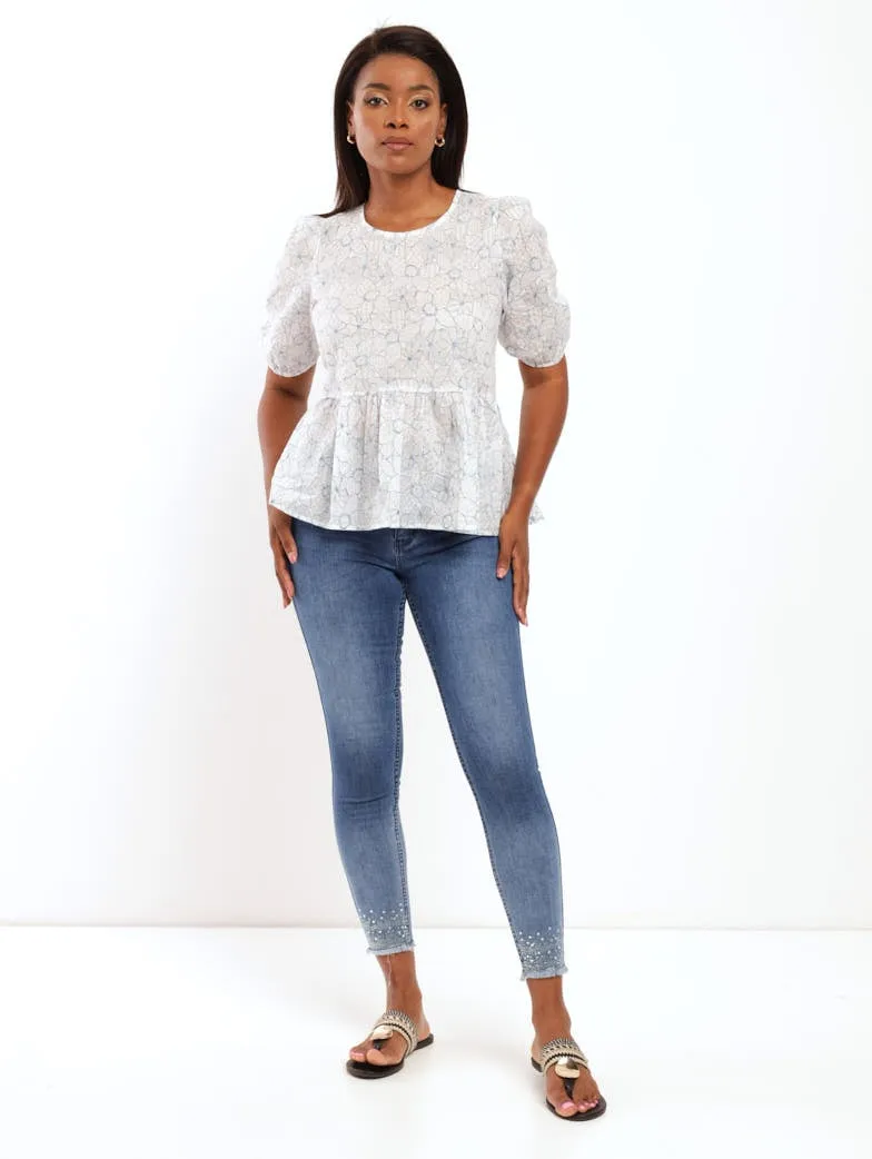 Ladies Short Sleeve Seersucker Floral Peplum Blouse - White/Blue
